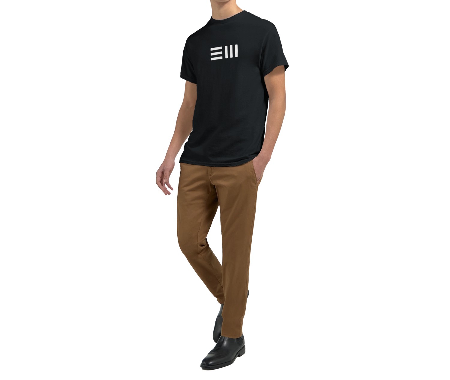 Model wearing a black EM T-shirt