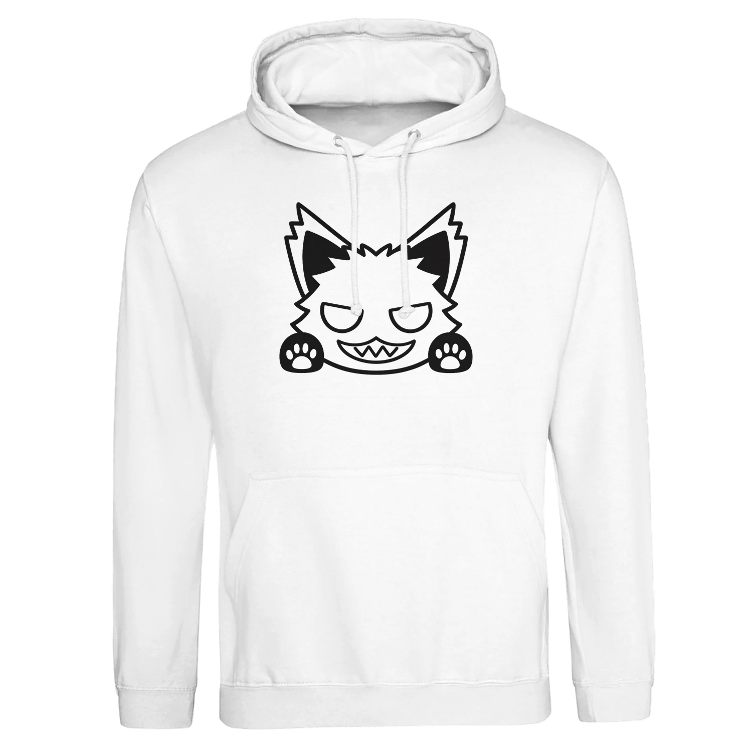 White hoodie with black Miumau cat graphic