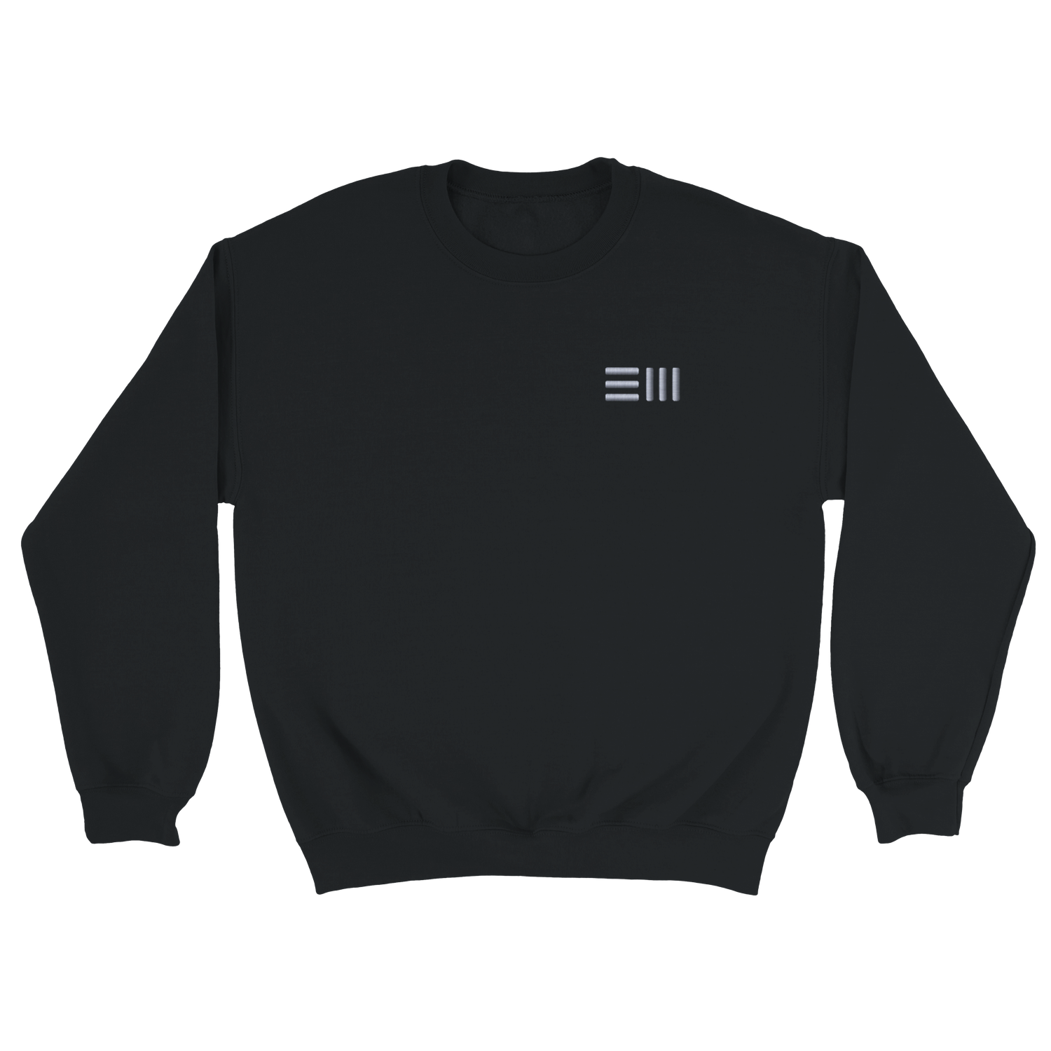 Black sweatshirt with small white EM mark