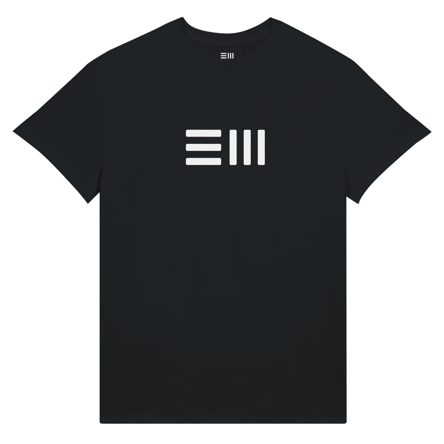 Black T-shirt with large white EM mark